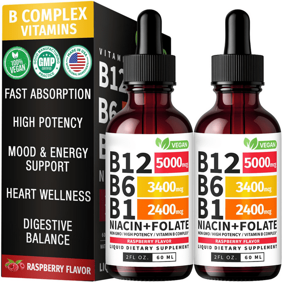 (2 Pack) Vitamin B12 and B6 Liquid Drops, B12 Sublingual Vitamin B Complex - B 12 Vitamin 5000mcg - B12 Methylcobalamin for Energy, Brain, and Heart Support with 27,200 mcg, Raspberry, 80 Servings