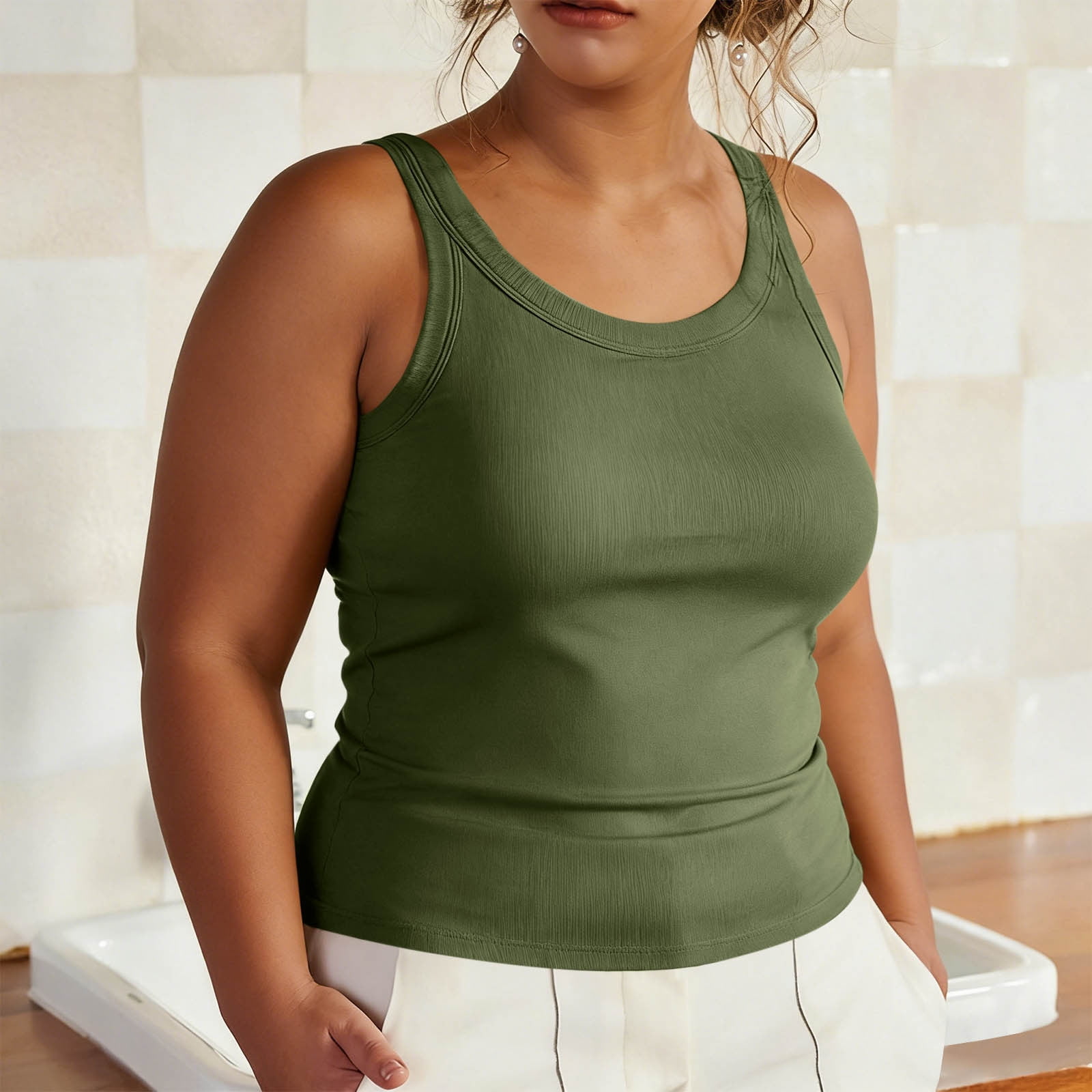 ylioge Womens Plus Size Tank Tops Built in Bras L-5X Sleeveless Crewneck Camisoles Pullover Stretchy Slim Solid Color Basic Loungewear Workout Vests