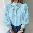 thumbnail image 2 of Olyvenn Women's Elegant Floral Lace Shirts Casual Dressy Hollow Out See Through Blouse Long Sleeve Button Down Stand Collar Top Sky Blue XXL, 2 of 9
