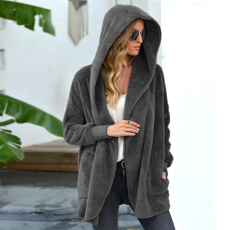 Homgro Women's Long Sleeve Hooded Cardigan Plush Fuzzy Fleece