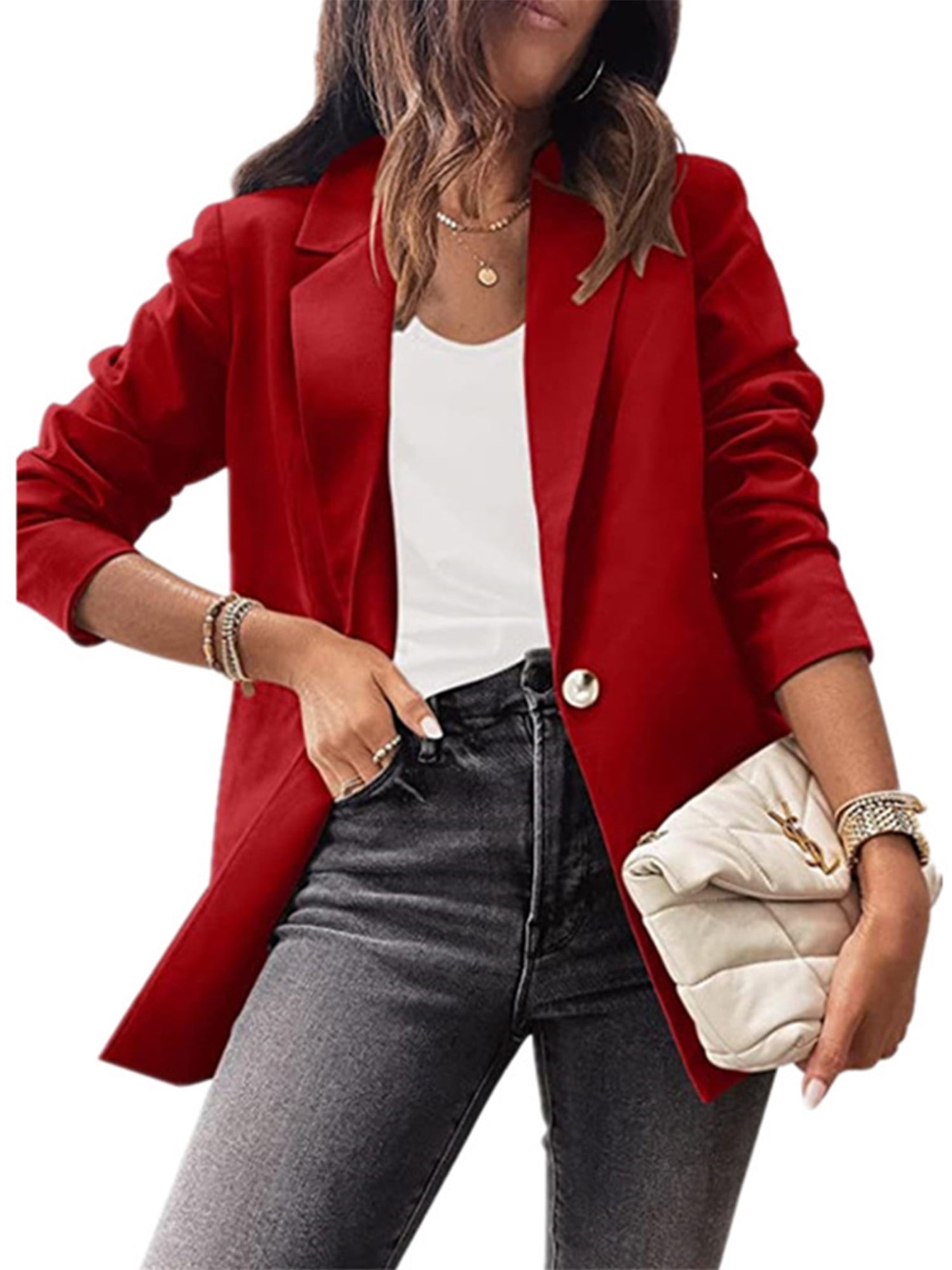 Glonme Ladies Blazer Solid Color Business Jackets Long Sleeve Outwear Work Slim Fit Blazers Casual Lapel Neck Cardigan Jacket Red 3XL
