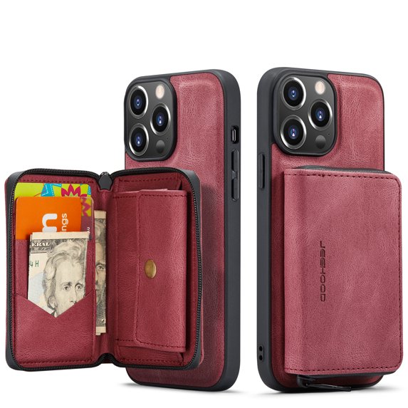 ELEHOLD Luxury Multi-Functional Wallet Case for iPhone 13 Pro Max Leather Purse Case with Detachable Card Slots Zipper Pocket Kickstand Function Shockproof Protective Case,Red