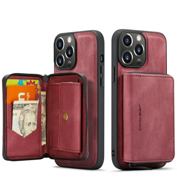 ELEHOLD iPhone 14 Pro Luxury Wallet Case PU Leather Purse Case with Detachable Card Slots Zipper Pocket Kickstand Function Shockproof Case,6.1 inch, Red