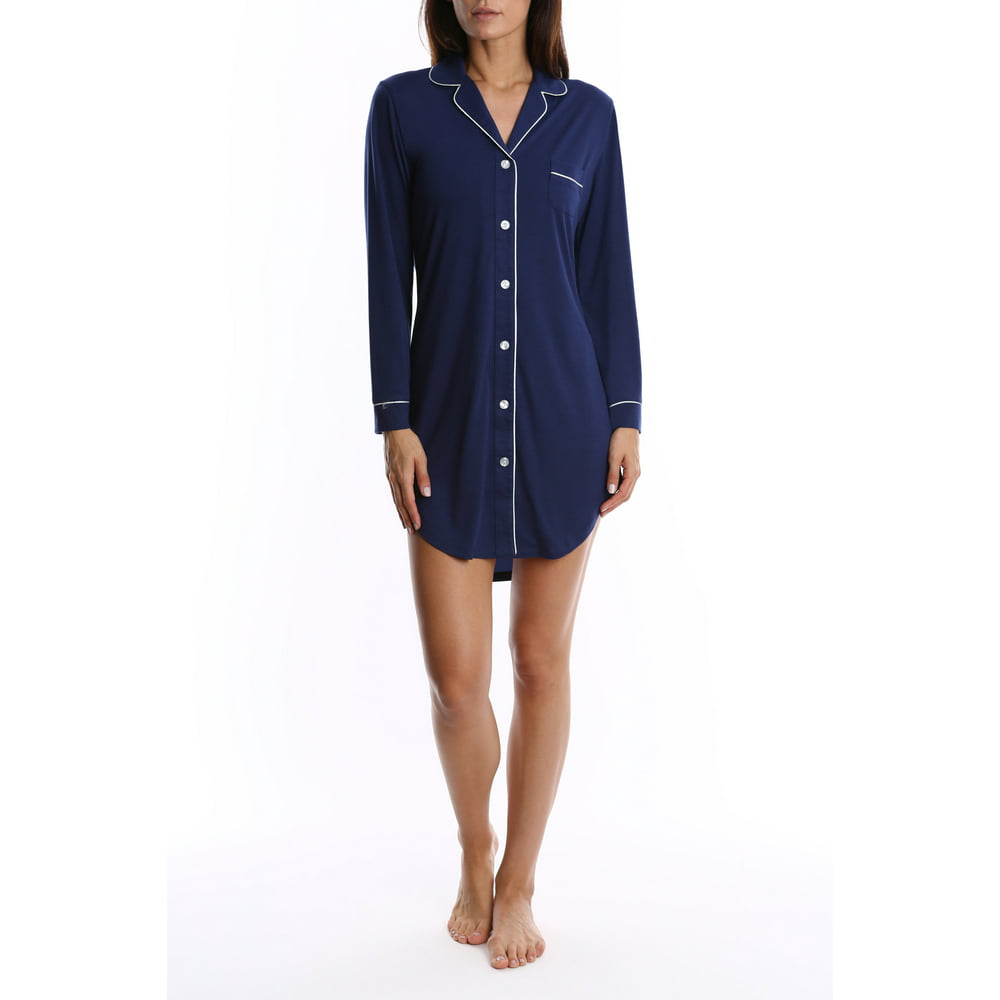 BLIS - Women's Long Sleeve Button Down Sleep Shirt Nightgown - Navy ...