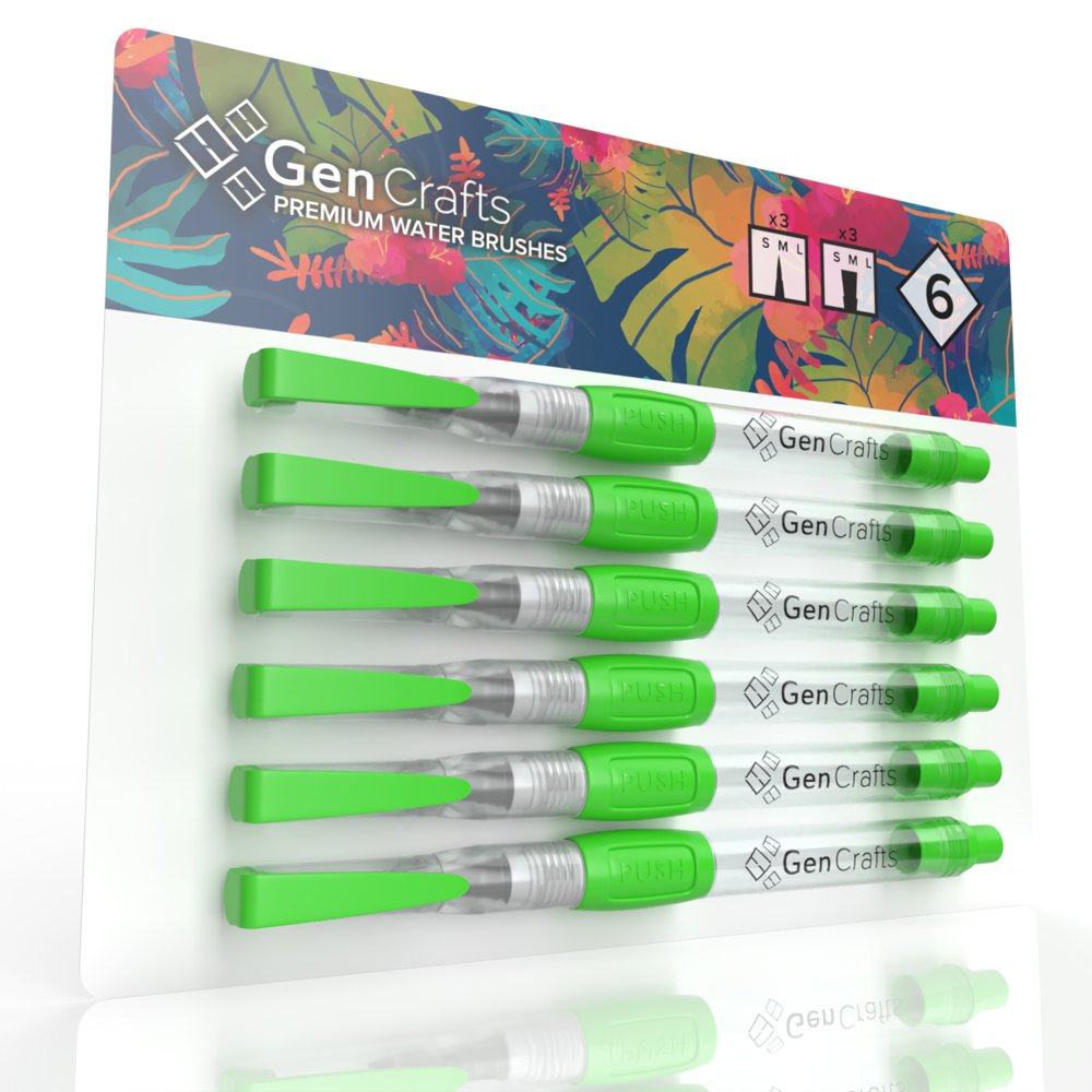GenCrafts Water Brush Pens (Set of 6) with Assorted Tips for Arts