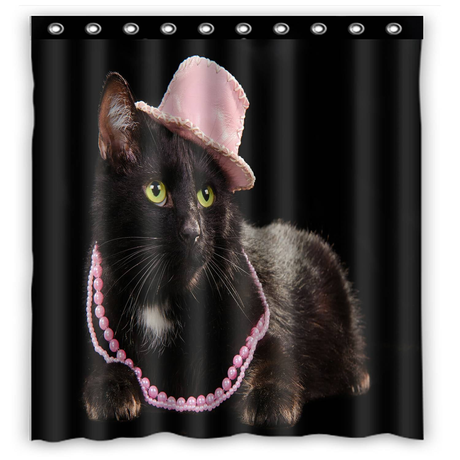 ECZJNT Glamorous black cat wearing pink hat and beads against black