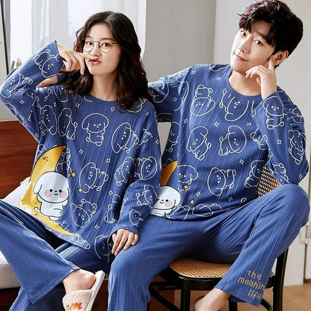 Conjunto de pijamas de dibujos animados para hombre y Mujer ropa de dormir de algodon para parejas Tops largos para dormir pantalones otono y primavera Walmart en linea