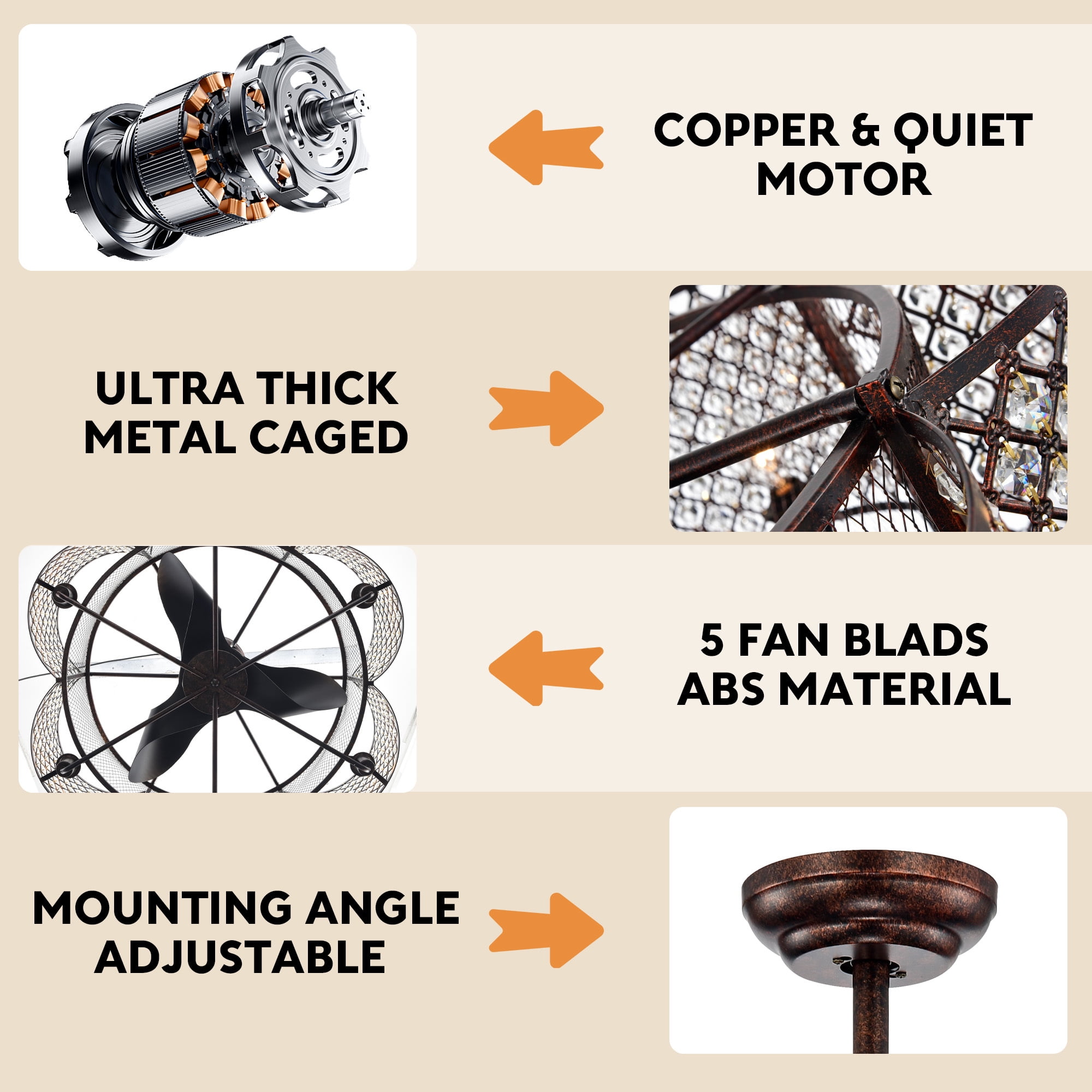 Aukfa 30" Ceiling Fan with light, Crystal Fan with Anti-Thelft Function for Living Room