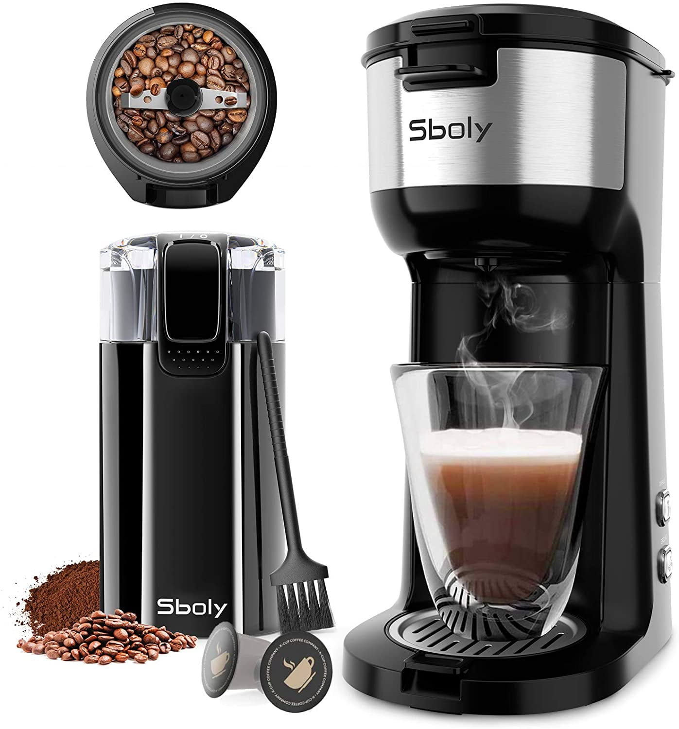 Coffee Maker, Sboly Single Serve Brewer with Grinder
