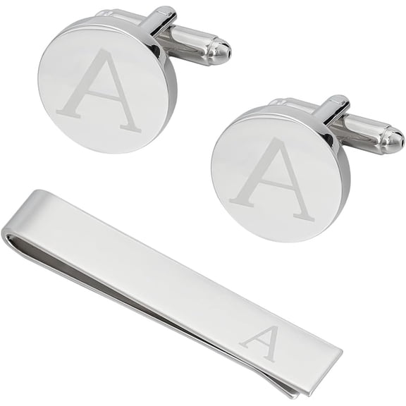 4Pcs Mens Cufflinks Flat Round Initial Cufflinks Capital A Brass Cuff Buttons with Clip Silver Mirror-Surfaced Cuff Links Men Formal Business Shirt Cuff Links