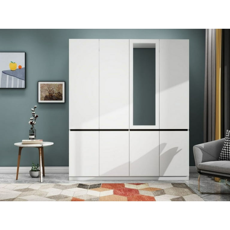 Sigoryi Freestanding Armoire Wardrobe Closet 4 Door Pull Free Silver Mirror Wardrobe with Ample Storage Space and Mirrors Wood Wardrobe Closet for