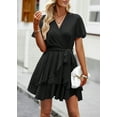 thumbnail image 5 of Womens Sexy Deep V Neck Short Sleeve Tie Waist Ruffle Hem Flowy Swing Mini Short Wrap Dress, 5 of 7