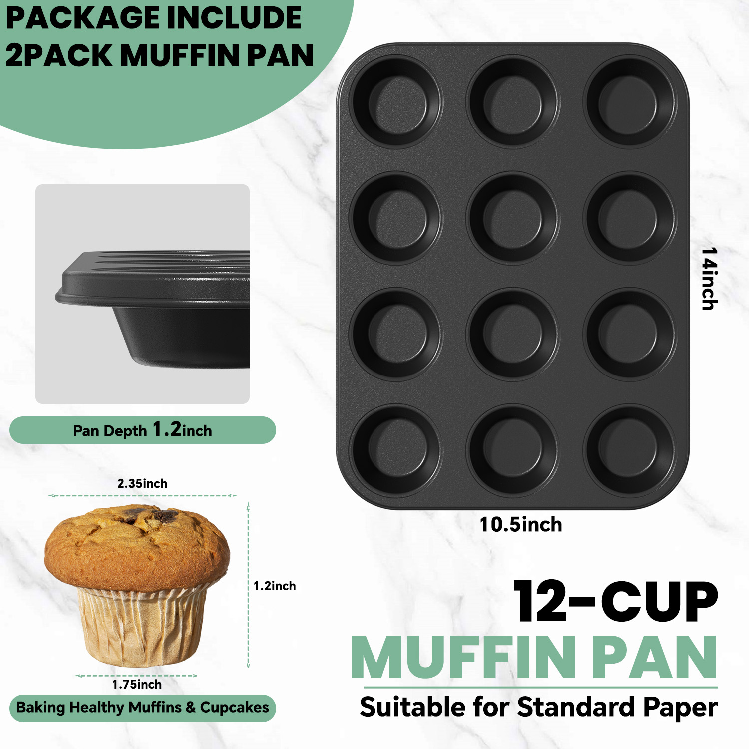 GPED 2 Pack Muffin Pan for Baking, 12-Cup Nonstick Cupcake Pan, 14.2" x 11" x 1.5" with 2.56" Cups, for Muffins, Cupcakes, Brownies, Cheesecake, Carbon Steel, Easy Clean, Oven Safe