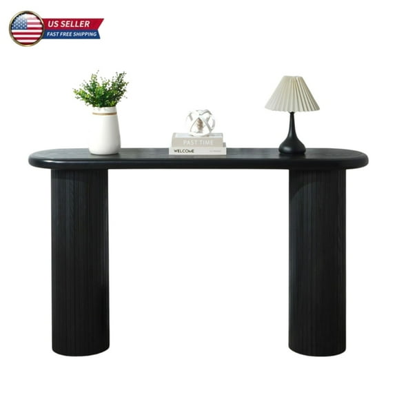 GZXS Modern Black Console Table, 56.7" Oval Entryway Table with Ribbed Detailing, Narrow Sofa Table for Hallway or Living Room