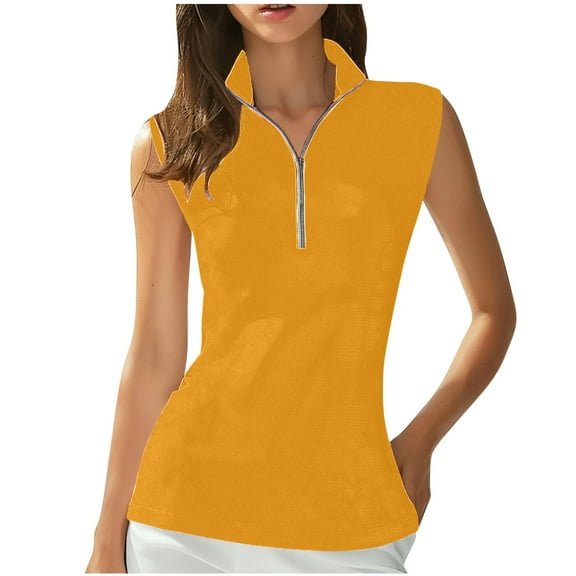 Women's Tank Tops Half Zip V Neck Summer Sports Breathable Mesh Sleeveless Shirts Casual Loose Fit Blouses (XL, Yellow)