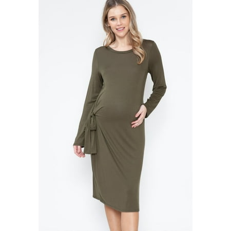 

Women s Maternity Round Neck Long Sleeve Side Tied Bodycon Midi Dress