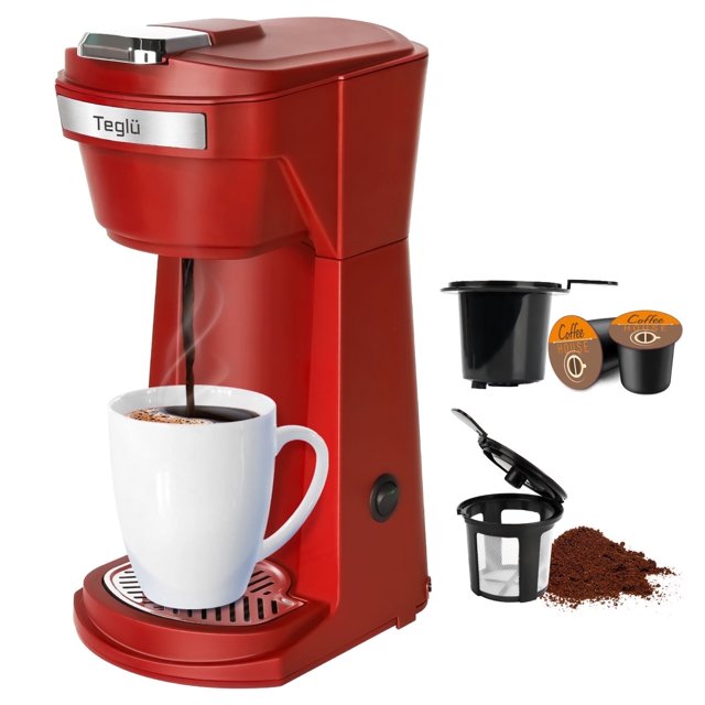 Cafetière 2 en 1 à Portion Individuelle pour Dosettes K-Cup et Café Moulu, Mini Machine à Café K-Cup avec Tailles d'Infusion de 6 à 14 oz, Cafetière à Tasse Unique avec Infusion Rapide à une Pression, Filtres Réutilisables, Rouge