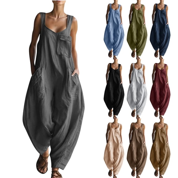 VBVC Women's Sleeveless Loose Jumpsuit , Breathable Baggy Harem Overalls For Women , Ladies' Casual Loungewear Romper with Pockets,Army Green,S-2XL