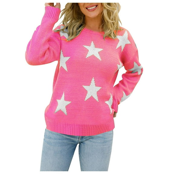 Womens Stars Graphic Printed Sweaters Slim Fitting Long Sleeve Pullover Sweater Casual Round Neck Regular Sweater