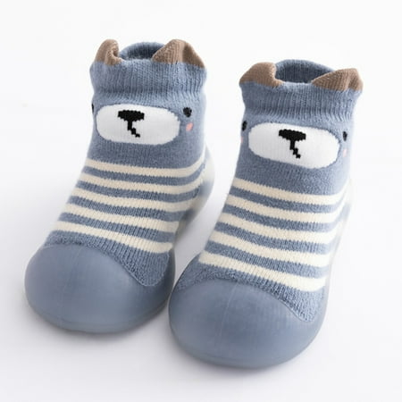 

Kids Toddler Baby Boys Girls Cartoon Striped Warm Knit Soft Sole Rubber Shoes Socks Slipper Stocking
