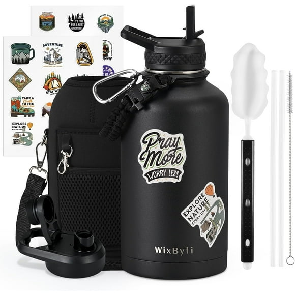 UTAH-64 oz Insulated Water Bottle with Straw (Cold for 48 Hrs), Half Gallon Stainless Steel Triple Wall Vacuum Sports Water Jug, Leakproof Hydro Cup Flask with Straw Spout Lids & DIY Stickers