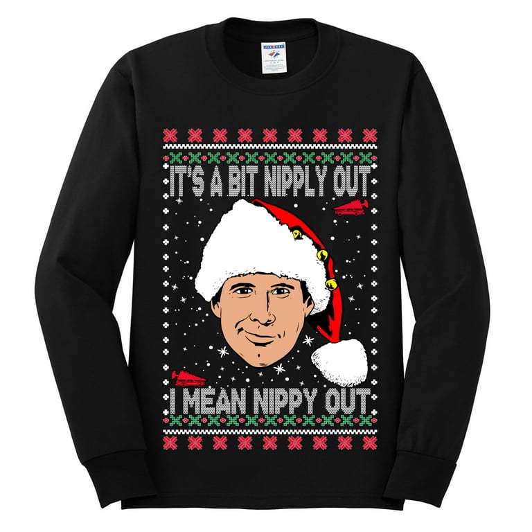 Wild Bobby Clark Grizwald It's A Bit Nipply Out Ugly Christmas Sweater Men  Long Sleeve Shirt, Black, X-Large