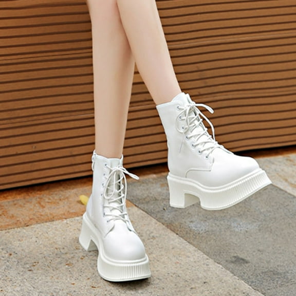 Wowcloth Women's Casual Winter Ankle Boots - British Style Round Toe Front Lace-Up with Thick Sole and Low Heel for Daily Wear