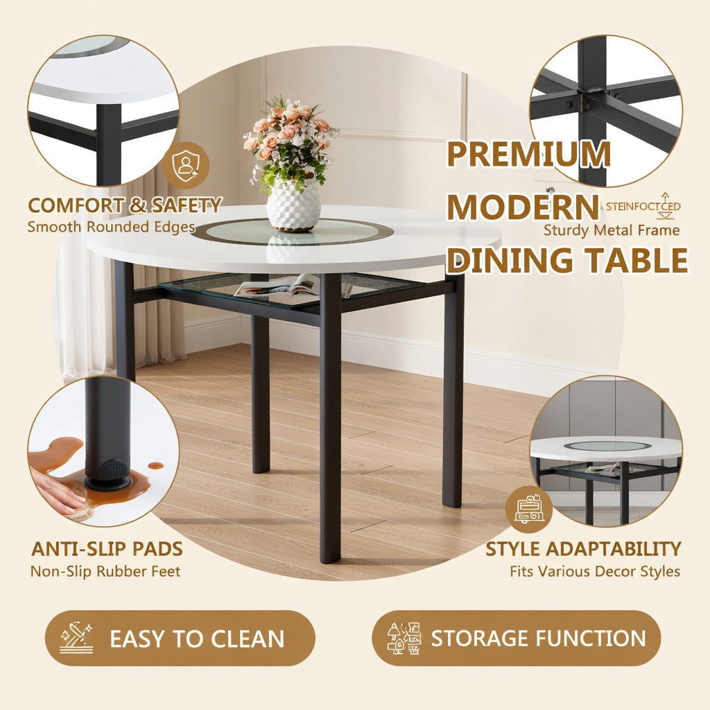 Hommoo 42 Inch Round Dining Table, Modern MDF Top with Gray Tempered Glass Inlay & Metal Base, 4-6 Person Minimalist Table for Dining Room, Kitchen, or Office, White & Black