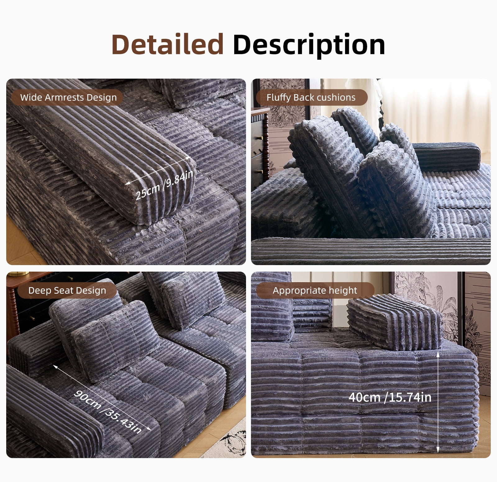 Garaneeds 113" Gray Modular Sectional Sofa for Living Room - Boneless Cloud Couch, No Assembly Required