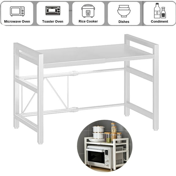 Microwave Oven Rack,2-Tier Expandable Microwave Stand, Adjustable Kitchen Countertop Organizer Supplies Rice Cooker Stand, for Kitchen Counter Utensils,White