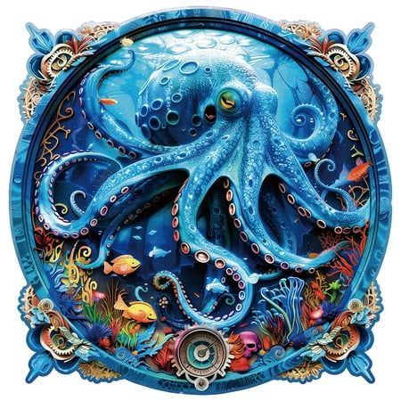 HiiKaa Original Wooden Jigsaw Puzzles,Sea Octopus Unique Shape Puzzles with Beautiful Gift Package,Best Gift for Adults and Kids,S,8.7*8.6in,110 pcs