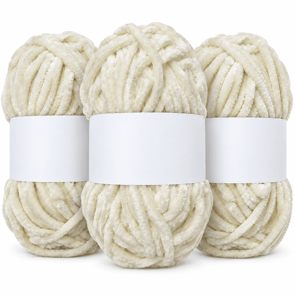 Soft Velvet Chenille Yarn Bulky Weight for Crocheting and Knitting Projects, Amigurumi, 3 Skeins of 100g Each (82 Yards per Skein) in White