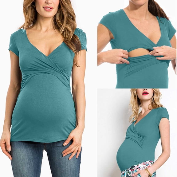 BRGZLK Women's Maternity Nursing Tops V-Neck Breastfeeding Short Sleeve Casual Solid Color Pullover Tie Front Wrap Nursing Top,Pregnancy Clothes Green M