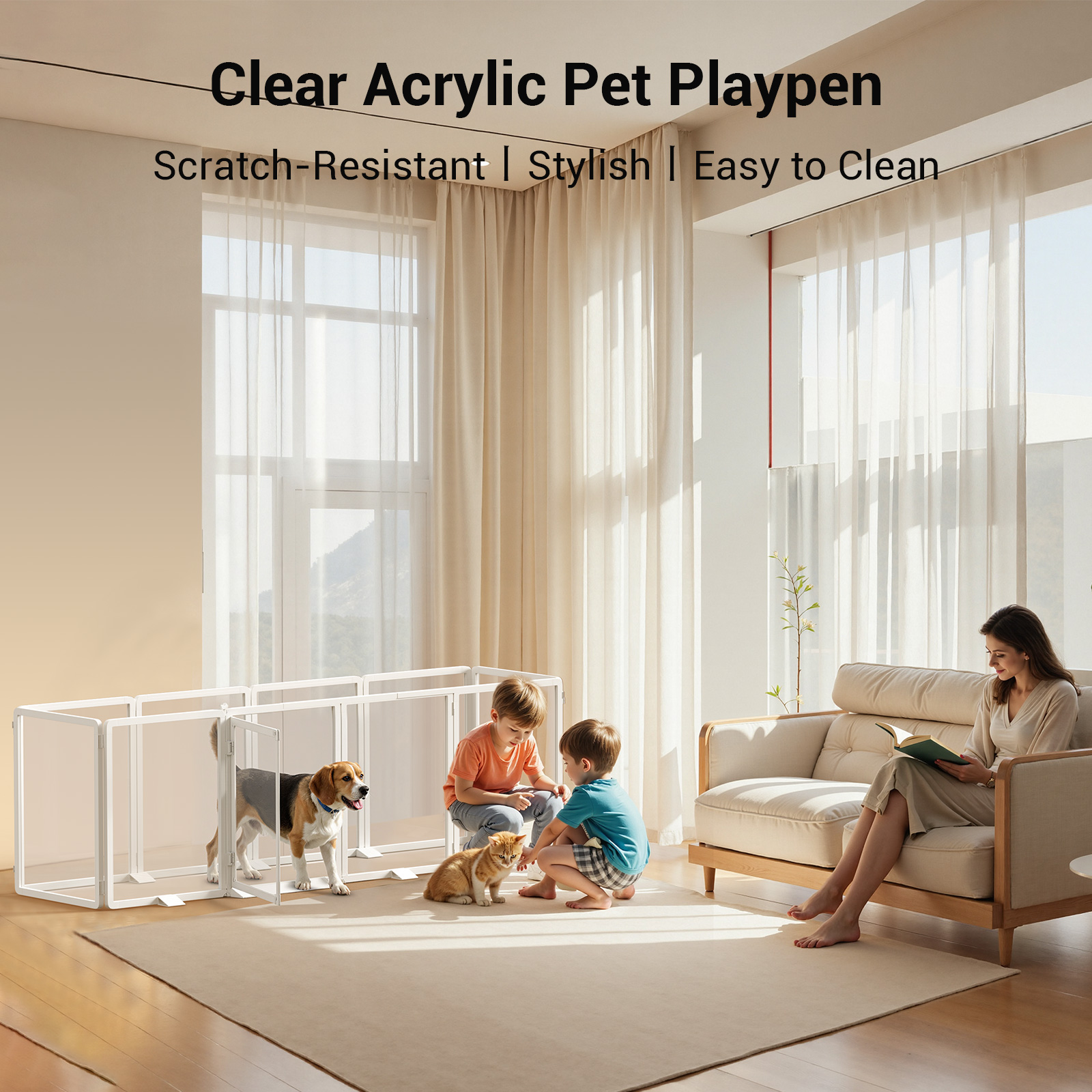 Mophoto Clear Acrylic Pet Playpen, 25.6" H Transparent Dog Fence with Support Feet, Sturdy & Stylish Indoor Enclosure for Puppy, Cat, Rabbit, Easy to Assemble & Clean