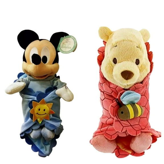 Baby Pooh & Mickey in Blanket Set Plush Doll 11" Disney Park Stuffed Soft Animal New