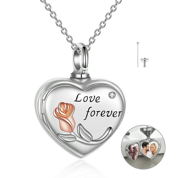 Rose Flower Picture Urn Necklace Sterling Silver Cremation for Ashes Locket Memory Pendant Jewelry