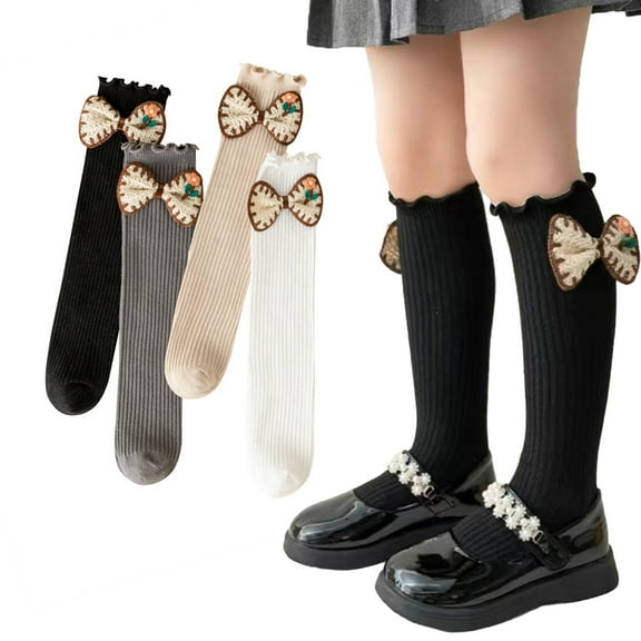 Esaierr 2 Pairs of Kids Girls Flowers Bow Knee High Socks Toddler Stacked Socks Solid Color Mid-Calf Socks Fall Winter Thigh High Socks