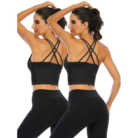

2 Pack Women s Sport Bra Strappy Back Yoga Tops Running Workout T-Shirt Sports Underwear Inner Chest Pad Sling Tube Top Vest