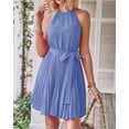 thumbnail image 5 of Women 2023 Summer Casual Halter Neck A-Line Dress Sleeveless Belted Swing Pleated Cocktail Party Beach Mini Dresses, 5 of 5