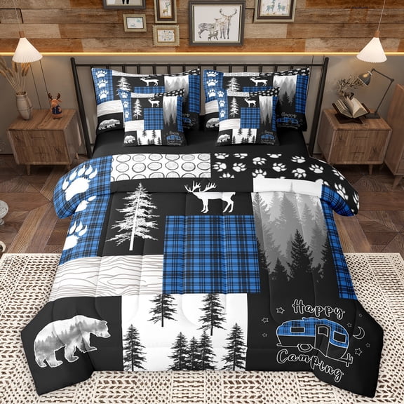 Homewish Happy Camping Camper 7-Piece Twin Bedding Sets,Rustic Farmhouse Cabin Bedding Comforter Set,Blue Gray Black Sheet Sets For Teens,Breathable Home Decor Reversible