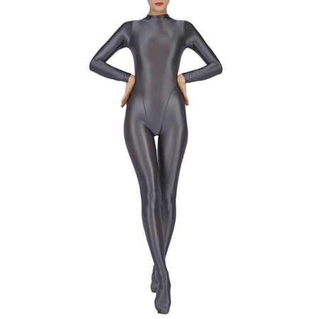 Riismen Women s Stretchy Oil Glossy Bodystocking Full Body Footed Bodysuits Jumpsuit Nightwear Grey XL/XXL