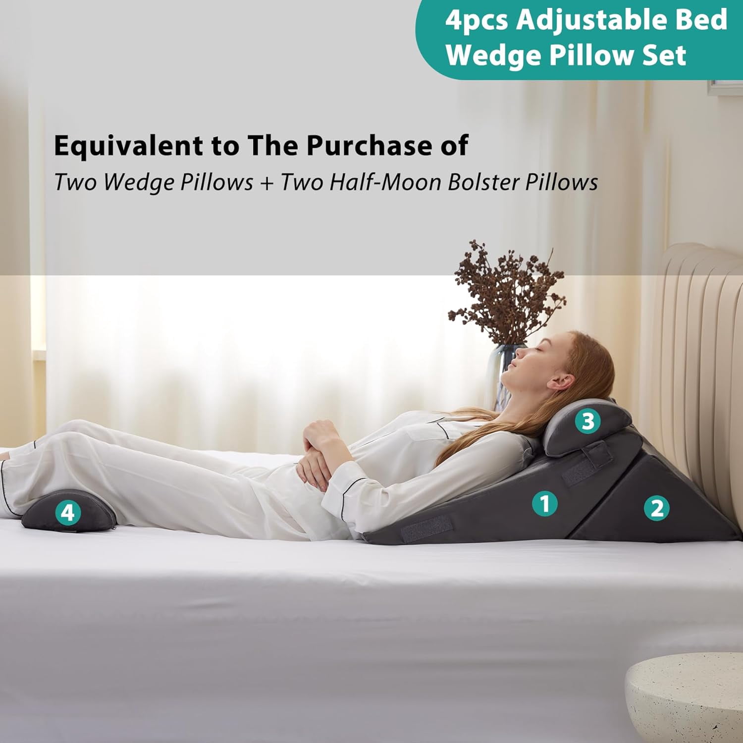 Adjustable 4-Piece Memory Foam Bed Wedge Pillow Set for Back, Neck, Leg Pain Relief, Sleeping, Sitting Up, Acid Reflux and GERD, White and Grey