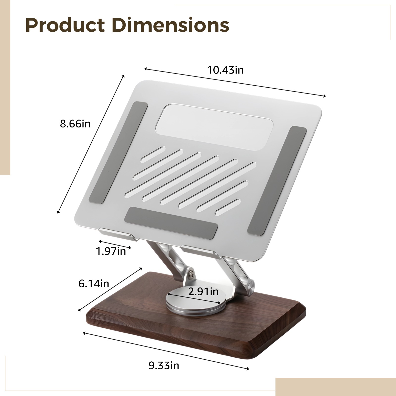 Adjustable Laptop Stand with 360° Rotating Base, Height Adjustable Desk Stand for Laptops, Wooden Foldable Desk Mount with Aluminum Alloy Panel, Ventilated Design for Cooling