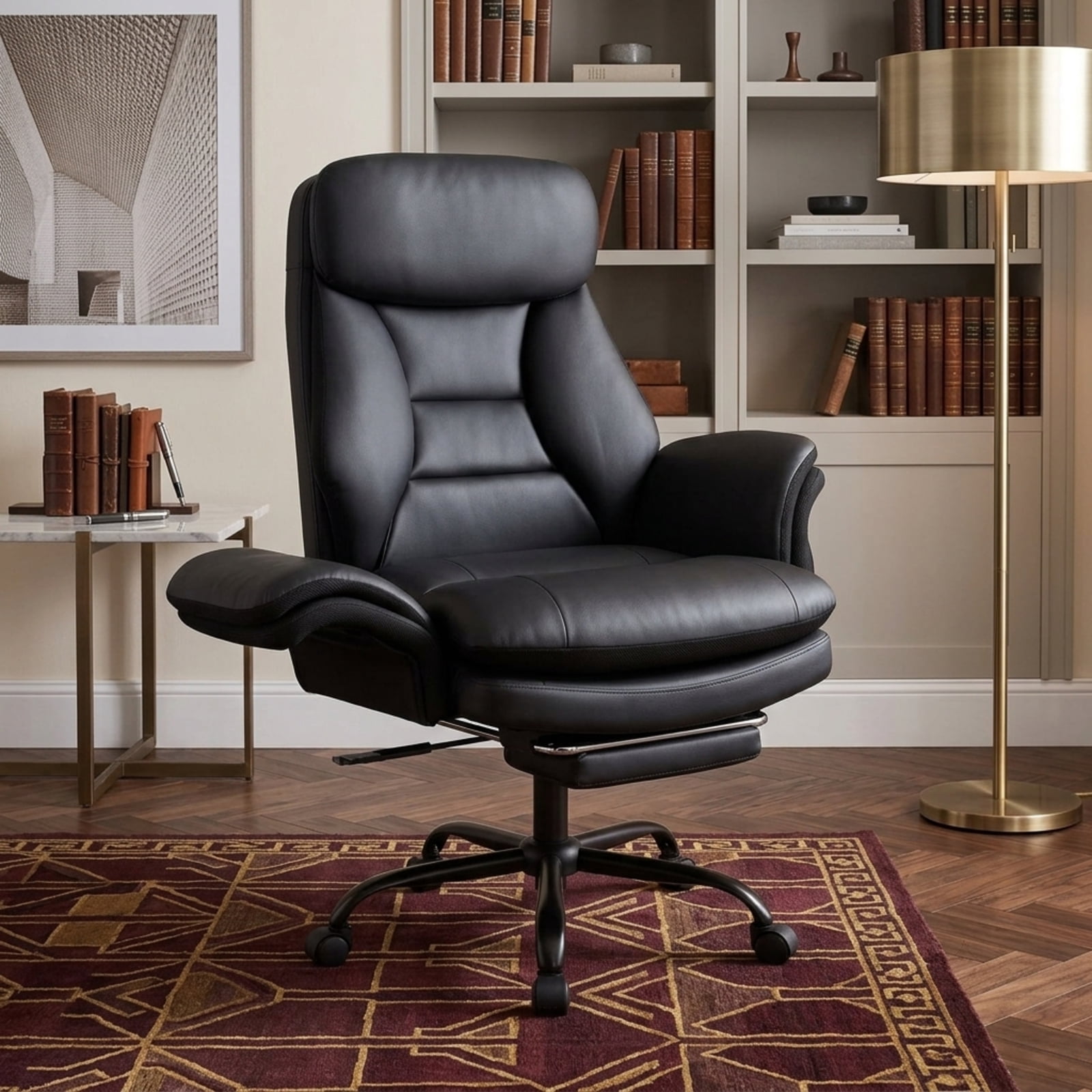 Furnibear Big and Tall Ergonomic Office Chair 400 lbs High Back Wide Faux Leather Computer Chair with Retractable Footrest, Black