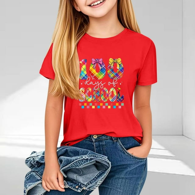 hengsof T-Shirt à Manches Courtes pour Enfants 100e Jour d'École, Col Rond, Imprimé Graphique Mignon, Chandail Décontracté Confortable, Chemise Basique Élégante