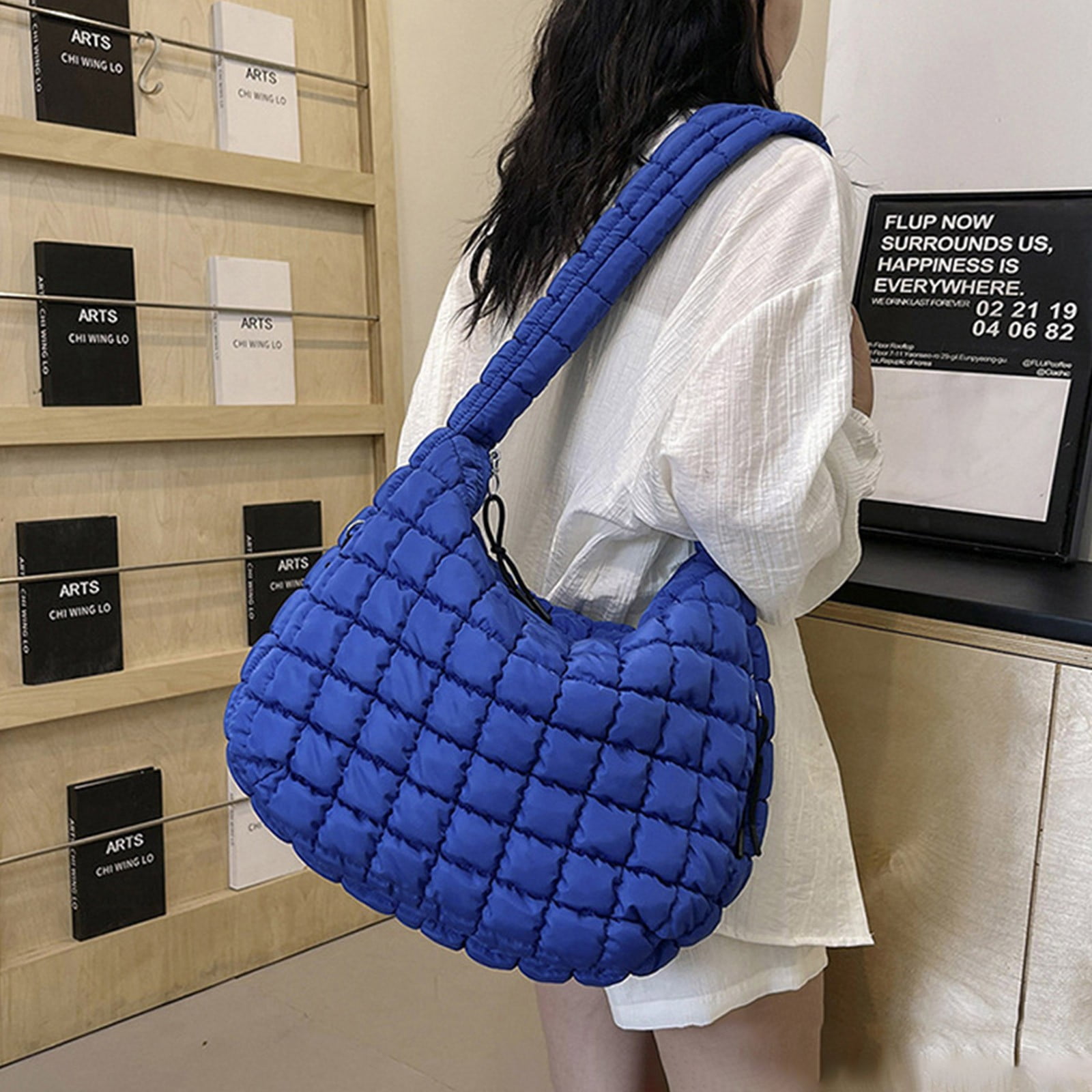 Mepaouo Large Puffer Tote Bag for Women Quilted Crossbody Handbag Hobo Shoulder Satchel Puff Purse(Blue)
