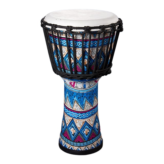 instrumento musical mano tambor djembe tambe cabra tambaleadia arte colorido patrones 8 pulgadas gran regalo para adultos y principiantes — djembe de mano de 8 pulgadas con parche blanco, cuerpo cónico decorado en motivos geométricos azul, rosa y blanco, cuerdas negras de tensión visibles y base redondeada; fondo blanco, a menudo usado como instrumento didáctico para enseñanza rítmica y juego familiar.