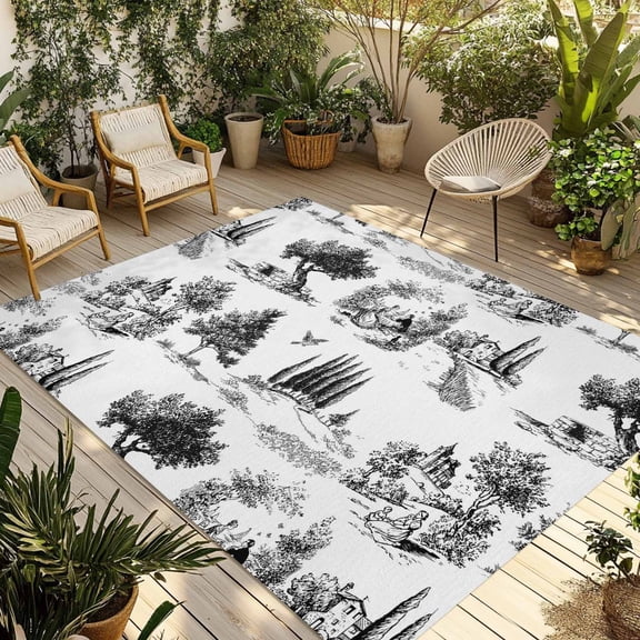 Farmhouse Country Outdoor Rug for Patio/Deck/Porch, Non-Slip Large Area Rug 4 x 6 Ft, Black Vintage Trees Rustic French Garden Indoor Outdoor Rugs Washable Area Rugs, Camping Rug Carpet Runner