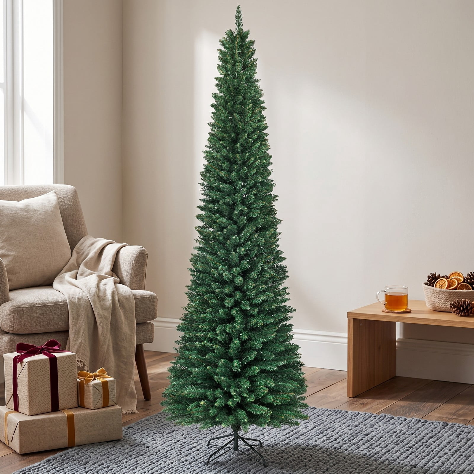 RUIE 7FT Artificial Slim Pencil Christmas Tree, PVC Unlit Narrow Xmas Tree with 700 Branch Tips and Sturdy Iron Stand for Home Holiday Corner Decor, Green