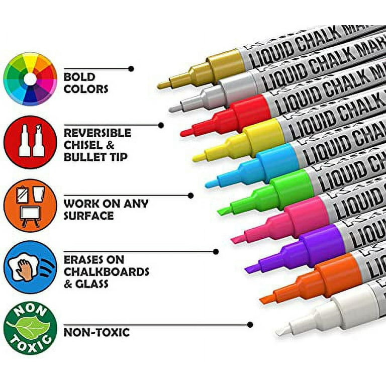 Kassa Chisel and Bullet Dual Tip Marking Pen, Bundle of Chalk Markers - 8  Metallic & 20 Multi Color Erasable Chalkboard Pens for Blackboard & Glass